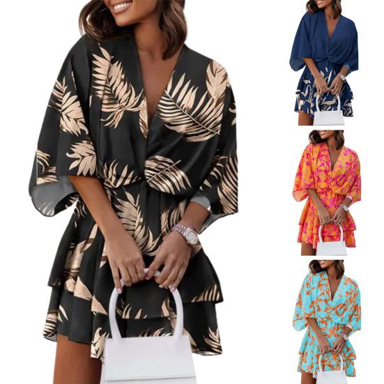 V-Neck Batwing Sleeve Layer Ruffle Hem Holiday Dress Summer Casual Waist Drawstring Coconut Leaves Print Mini Dress Female Clothes