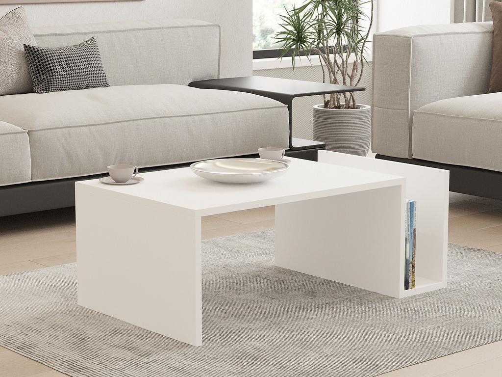 Table basse MEMO - Couleur Blanche - Plateau Relevable &amp; Rangement Intégré - L 86,8 cm x P 32,4 x H 50 cm