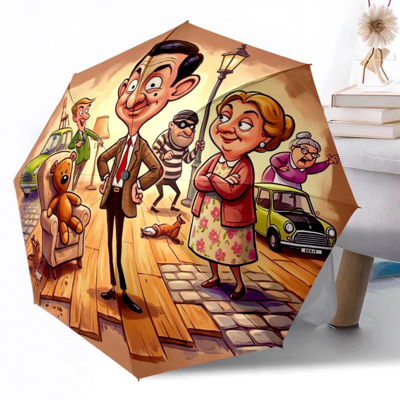 1pc Mr Bean In Ufo Automatic Umbrella Compact Durable 8 Rib Design Durable Plastic Iron Travel Essential Outdoor Accessory Spiritual Gift Y2