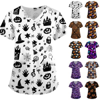 Women Halloween Print Loose V Neck Short Sleeve Medical Scrub Top Nurse Uniform Workwear with Pockets for Healthcare Professionals
