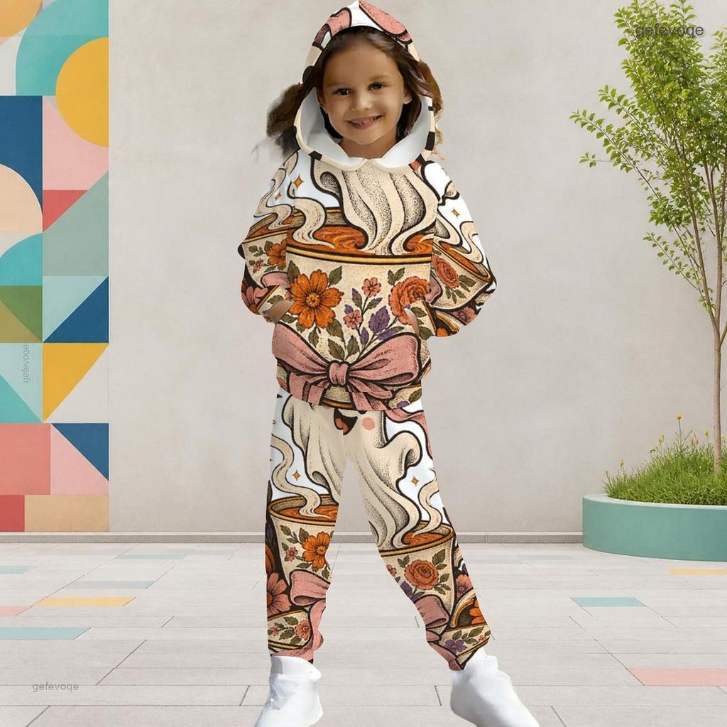 Girls Cute Lamb Printed Hooded Long Sleeve Two Piece Set Kangaroo Pocket Cuffed Pants Outfit