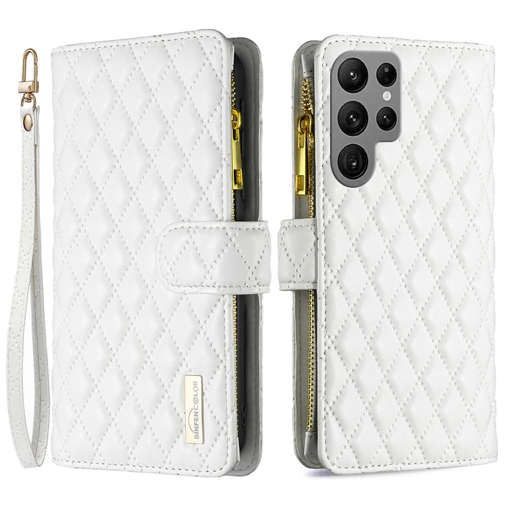 

BINFEN COLOR BF Style-15 For Samsung Galaxy S25 Ultra Leather Case Zipper Pocket Rhombus Phone Cover F