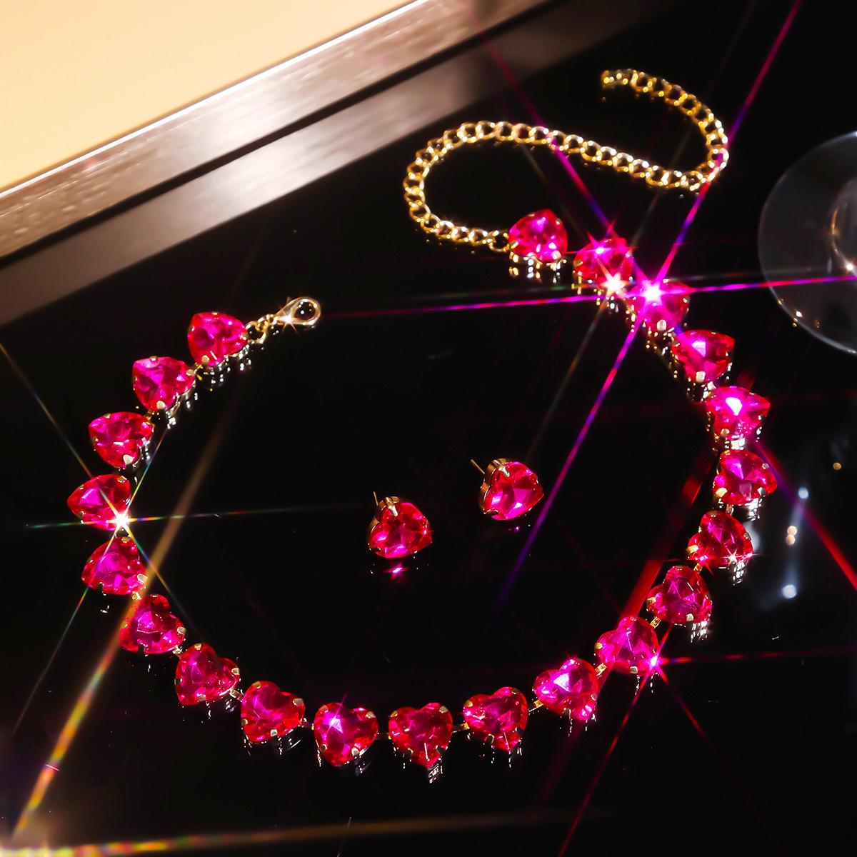 

FYUAN Милий Рожево-червоний Кулон-серце Кольє для жінок Кришталеві сережки Весілля Банкет Цирконієві набори рожевий червоний колір