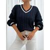 Gestreifter Besatz Gedrehter Blumen-Strick-Schulterpullover Damen Lässiger Langarm V-Ausschnitt Pullover Weiche Bequeme Strickware