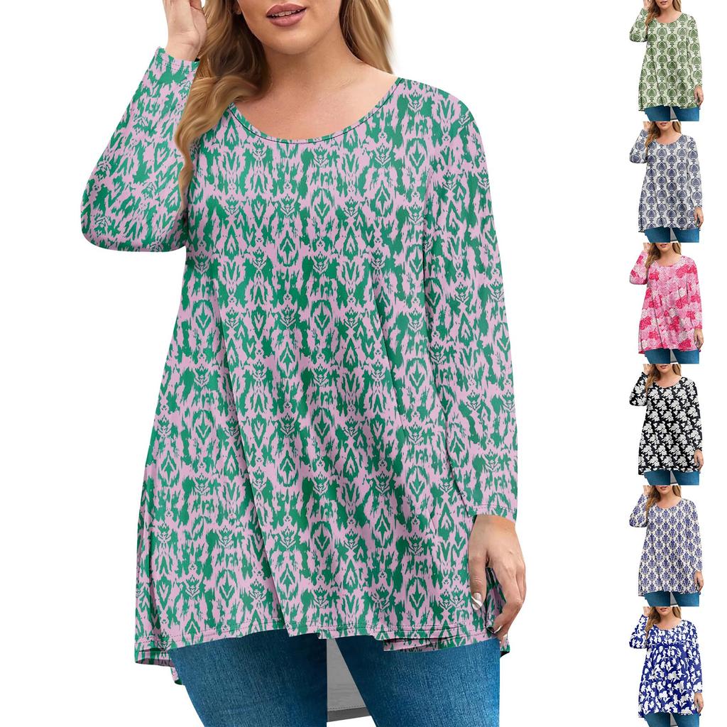 Women's Plus Size Top, Garden Collar Long Sleeved Shirt, Fashionable Floral Print Casual Top