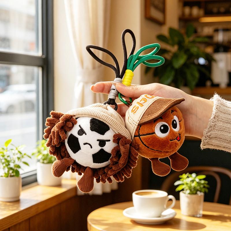 Cartoon Sports Ball Plush Keychain Cute Mini Stuffed Basketball Football Soccer With Hat Soft Toys Kawaii Bag Charm