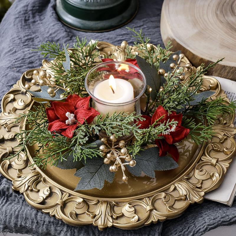 Christmas Candlestick Wreath Artificial Flowers Garland Candle Ring Xmas Table Decoration Candle Holder Wreath Xmas Home Decor