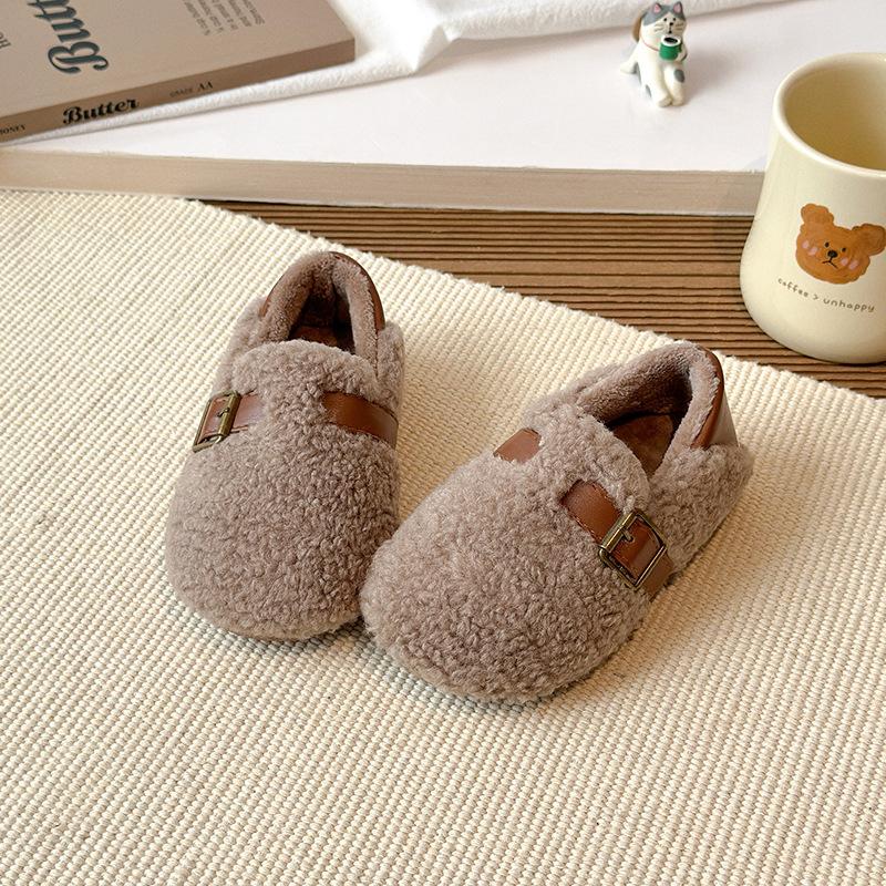 Children's woolen curly girls' cotton shoes, new autumn and winter solid color outdoor wear, warm shoes for small, medium, and large children