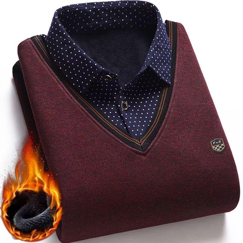 Men's Plush Sweater Autumn Winter Fake Two Piece Pullover Polo Shirt Collar Fleece Thick Warm Top Clothes Casual Jumpers