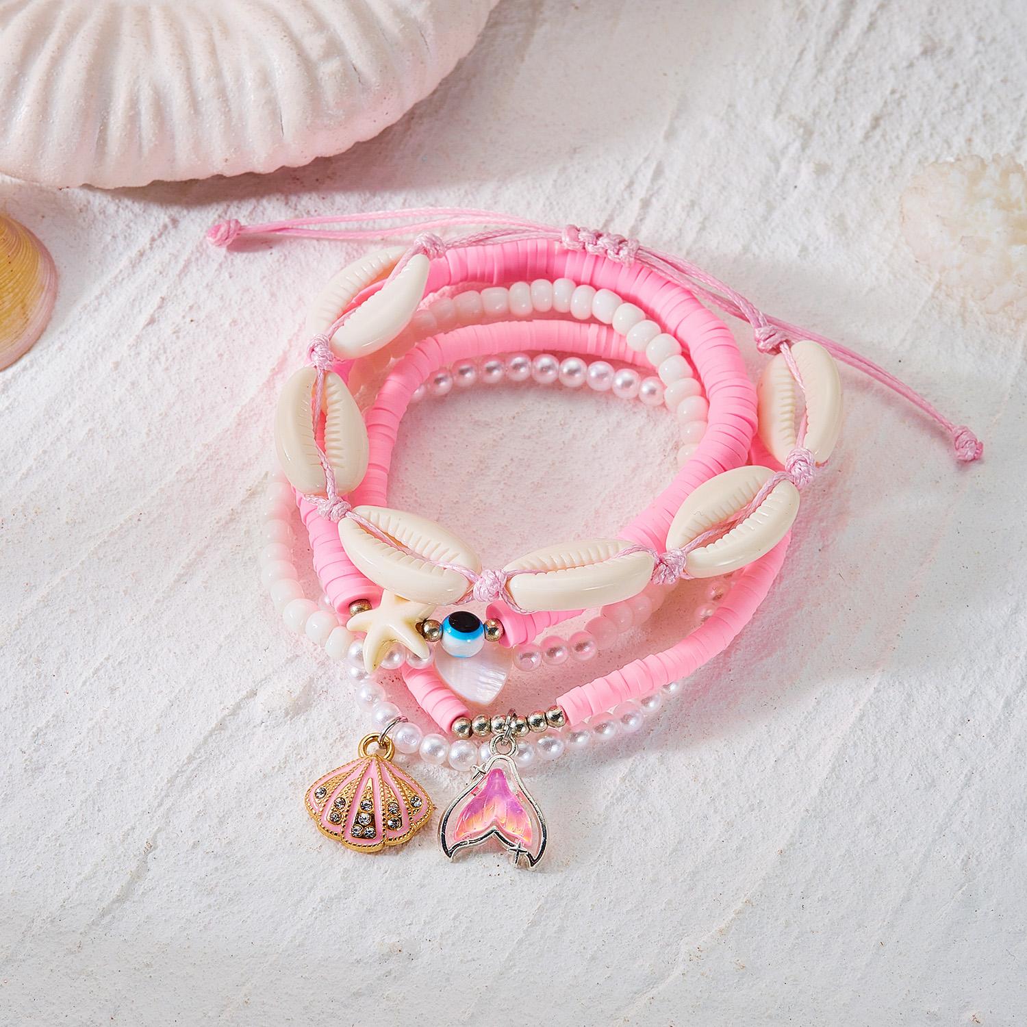 

Multilayer Shell Mermaid Tail Elastic Bracelets Set for Women Dainty Conch Imitation Pearl Beads Bracelet Beach Jewelry Gift