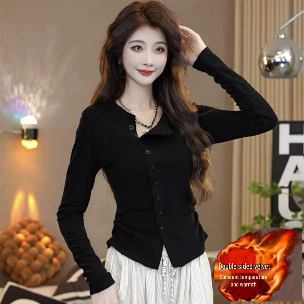 

2025 Korean Style Winter Fleece Button-Up Shirt with Adjustable Waist and Long Sleeves 2XL чорний
