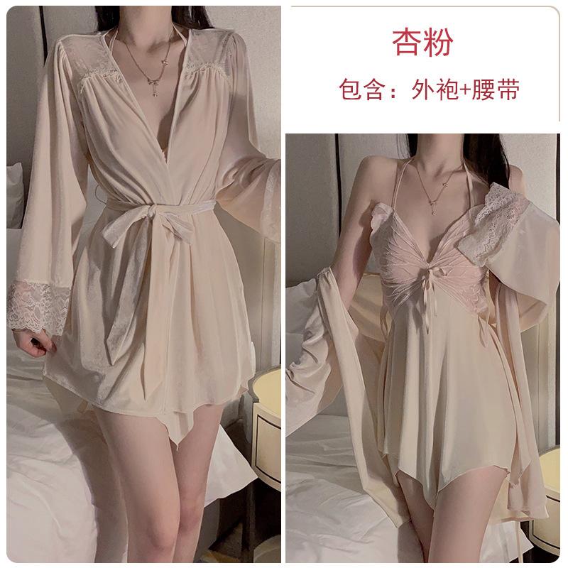 Women's Velvet Lace Butterfly Deep V Padded Cami Sleep Dress with Robe Lounge Set