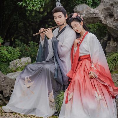 Chinese Wei And Jin Dynasty Style Hanfu Couple's Suit With Waist-length Wide Sleeves Printed Suit
