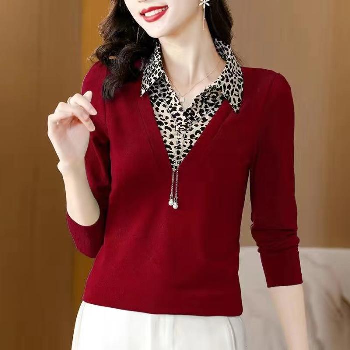 New Fashionable T-shirt for Women's Fake Two-piece Tops Long-sleeved Mother Spring and Autumn Clothes T-shirt Small Shirt Large Size Base Shirt