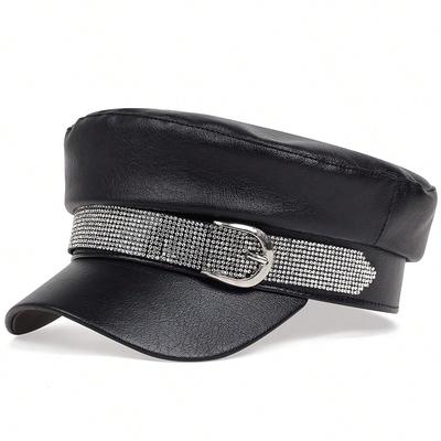 Hot-Fix Strassband PU-Leder Marineblaue Kappe Modische Outdoor Freizeit Damenmütze Personalisierte Malermützen Klassiker Kappen