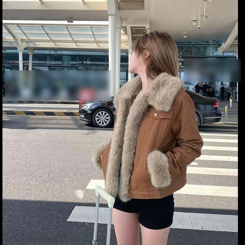 Fashionable Brown Plus Velvet Denim Jacket Women's Rabbit Fur Collar All-match Slimming and Thickening Trend Cotton Jacket