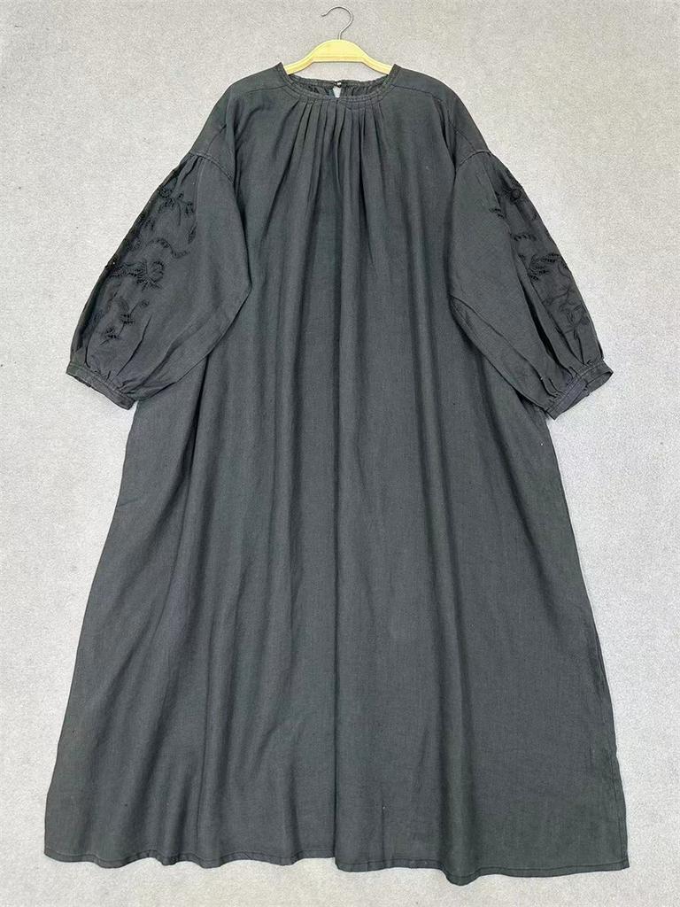 Johnature Round Neck Hollow Embroidery Long Sleeve Dress Women Autumn Winter Vintage Round Neck Pleated Robe Dress