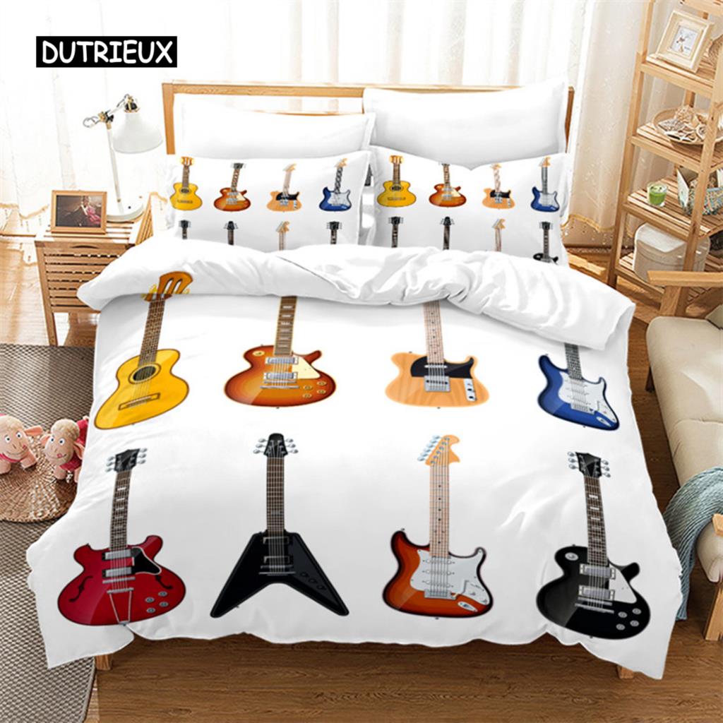 Guitar Queen Duvet Cover Rock Music Theme Bedding Set Grunge Color Splashed Brick Wall Background Electronic Guitar Mics Design