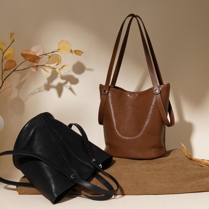 Large-capacity Genuine Leather Women's Bag, Single-shoulder Underarm Hand-held Bucket Bag