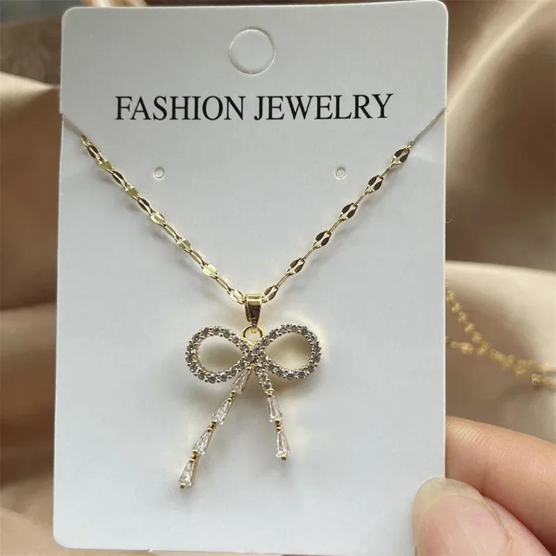 L316 Stainless Steel Beads Chain Hollow Bowknot Pendant Necklace for Women Niche Simple Jewery Accessory