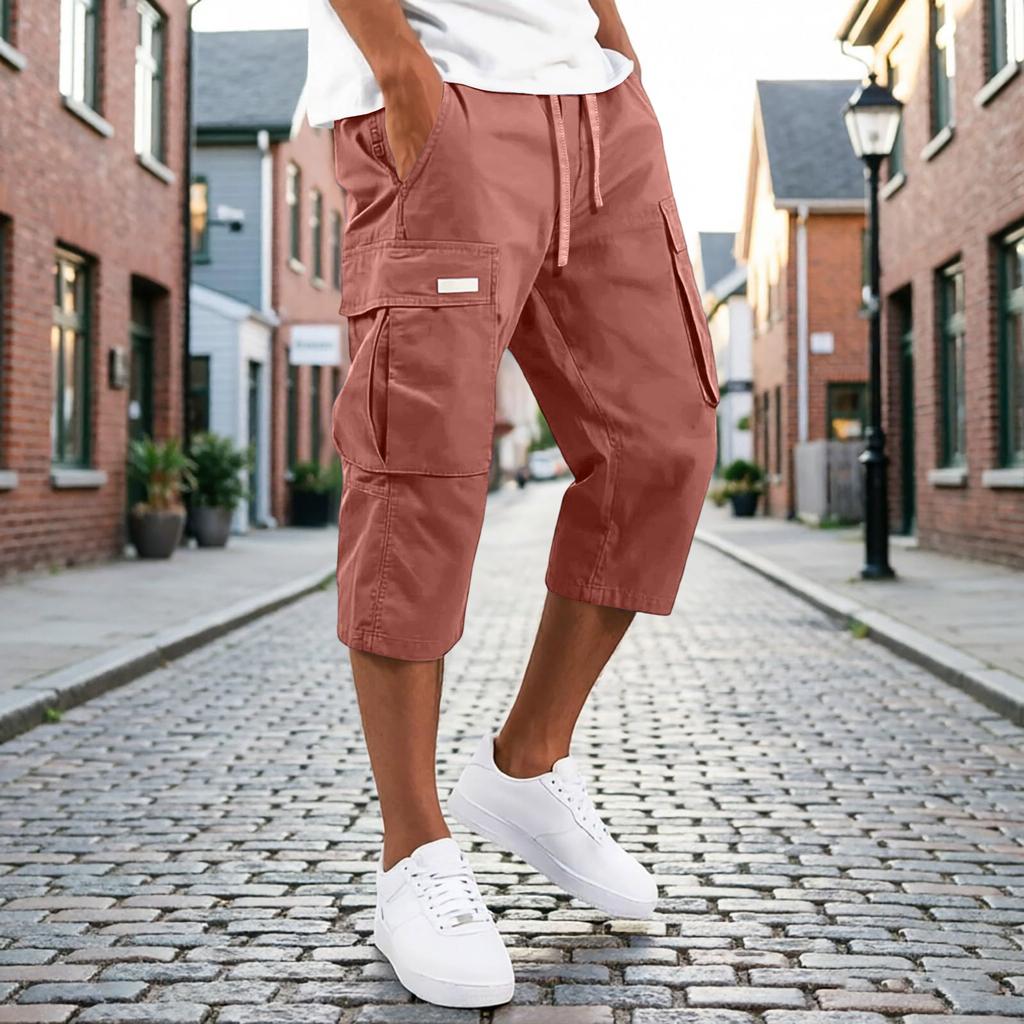 Men's Cargo Shorts Drawstring Waist Multi Pocket Workwear Style Casual Knee Length Trousers Lightweight Durable Fabric