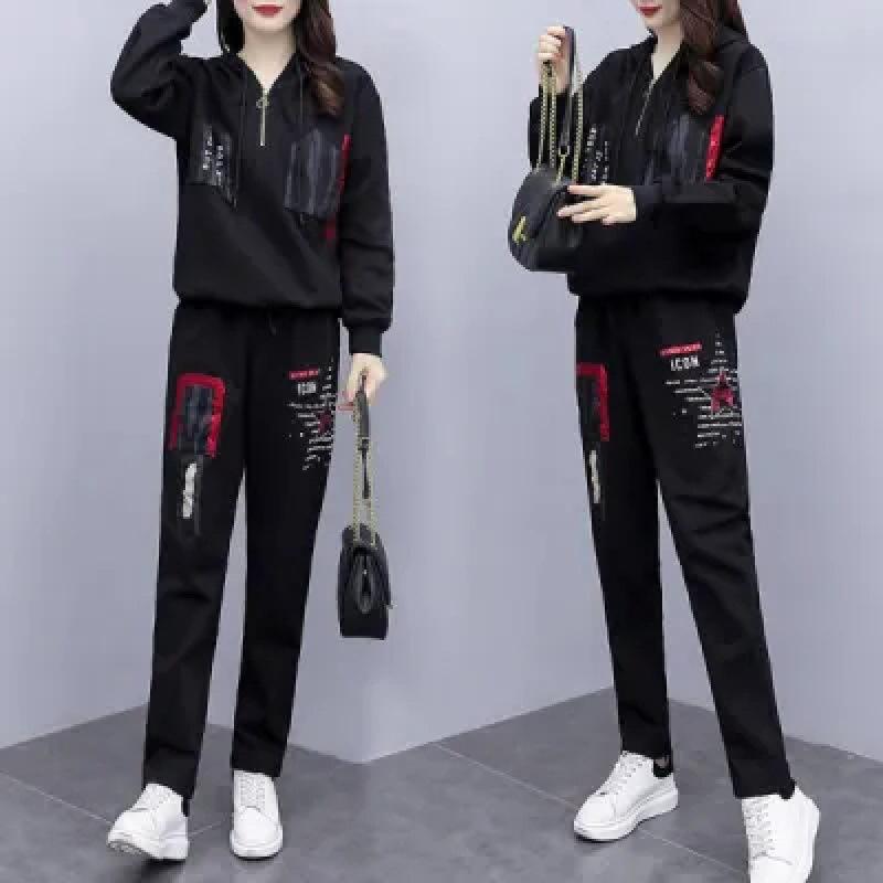 Spring/Summer Large Size Loose Hooded Printed Casual Sportswear Set for Women (Korean Version) Two-Piece Set
