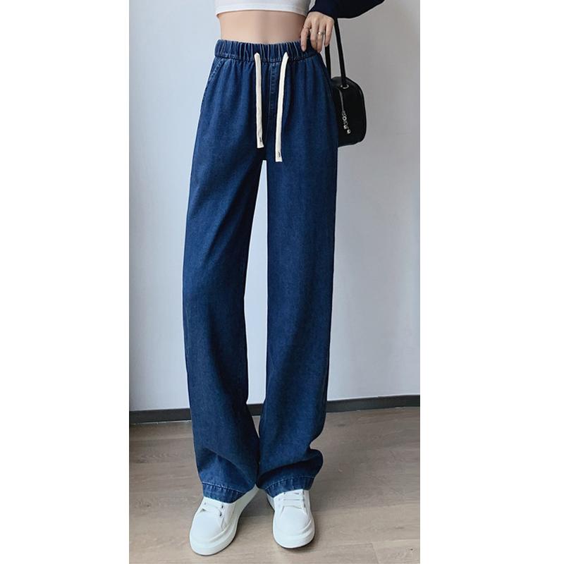 Spring Summer Loose Women Jeans Fashion Drawstring Straight Leg Wide Leg Casual Long Denim Pants Female Plus Size Elegant Trousers 831