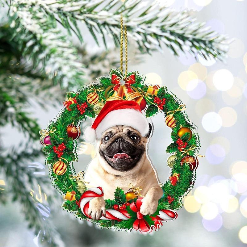 2025 Nuovo ciondolo per auto con ghirlanda piatta in acrilico 2D, decorazione natalizia per cani, albero di Natale, decorazione per la casa