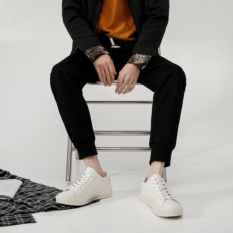 2023 Men's Trendy Low-Top Genuine Leather Sneakers, Korean Style, Breathable White Casual Shoes