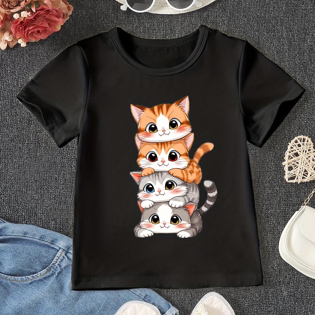 Cute Anime Cat Pattern 3D Printed Girls Cotton T-Shirt Summer Kids Short Sleeve T-Shirt Pajamas Comfortable Soft Fabrics