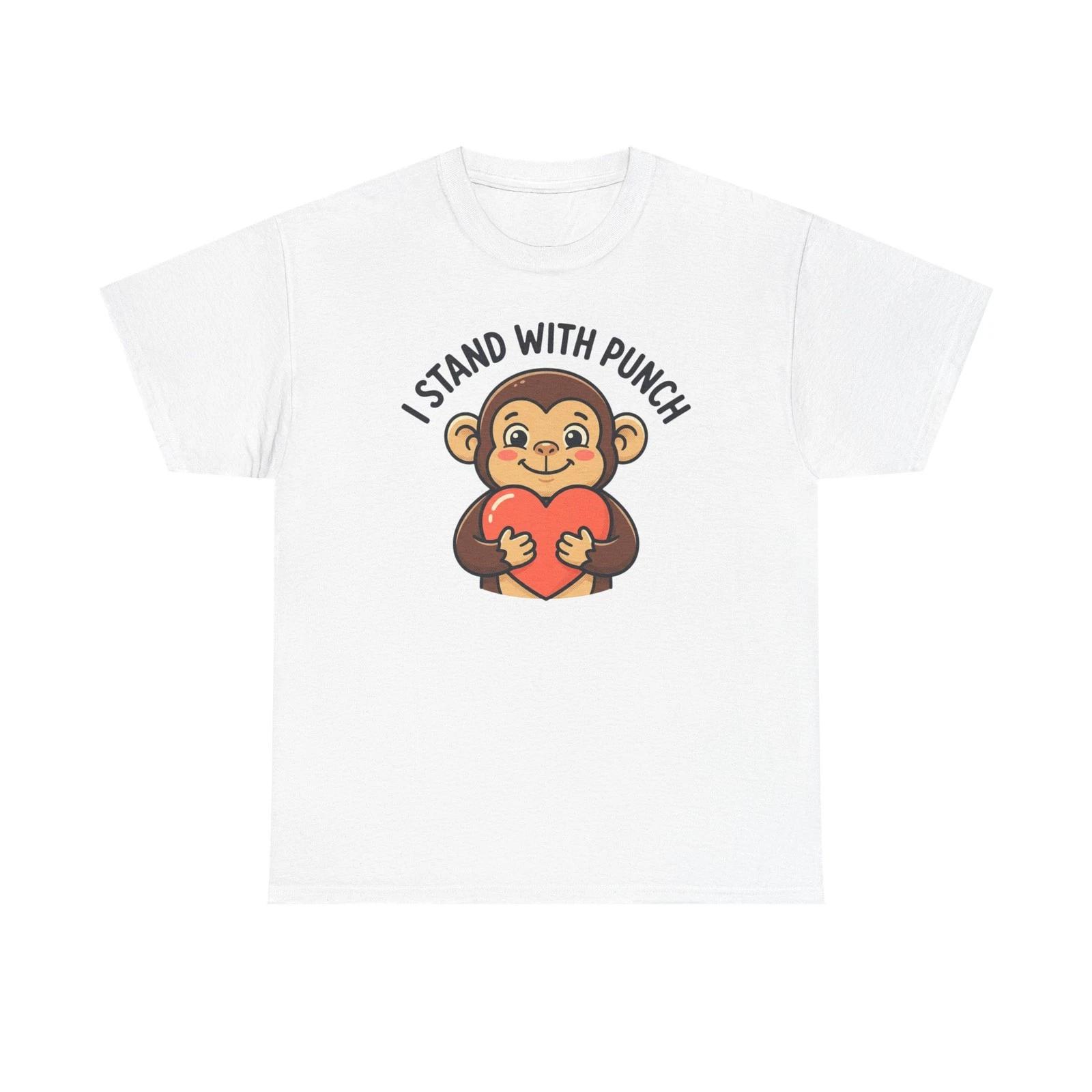 I Stand With Punch monkey holding heart T shirt | Cute animal tee 2XL