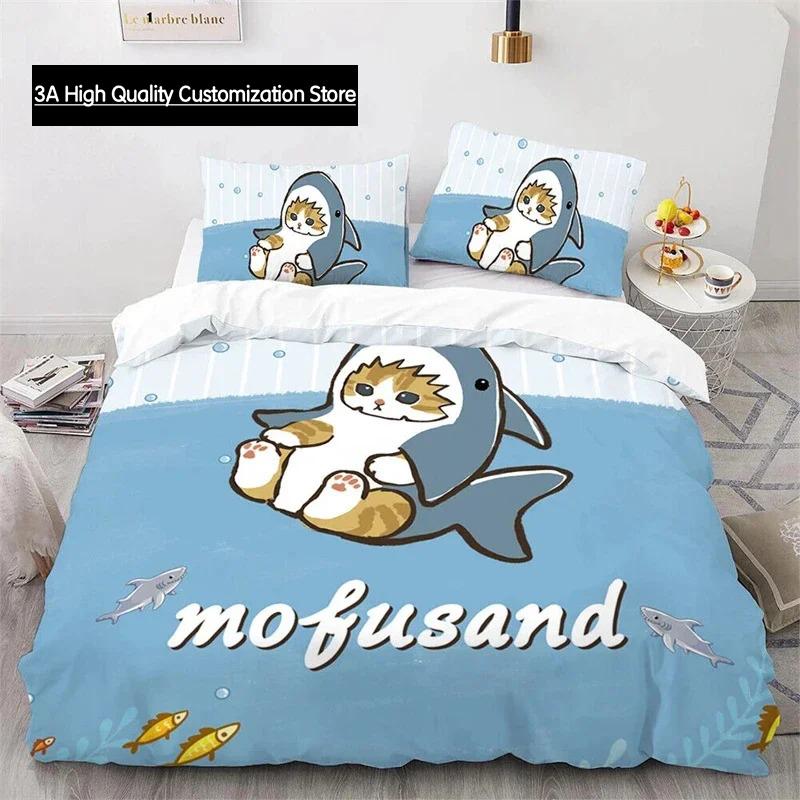 

Cute Kitten Duvet Cover Pillow Case Mofusand Anime Shark Cat Bedding Set Single Double Queen Size Teen Gift Room Decor 3Pcs Set 150*200cm 3pcs