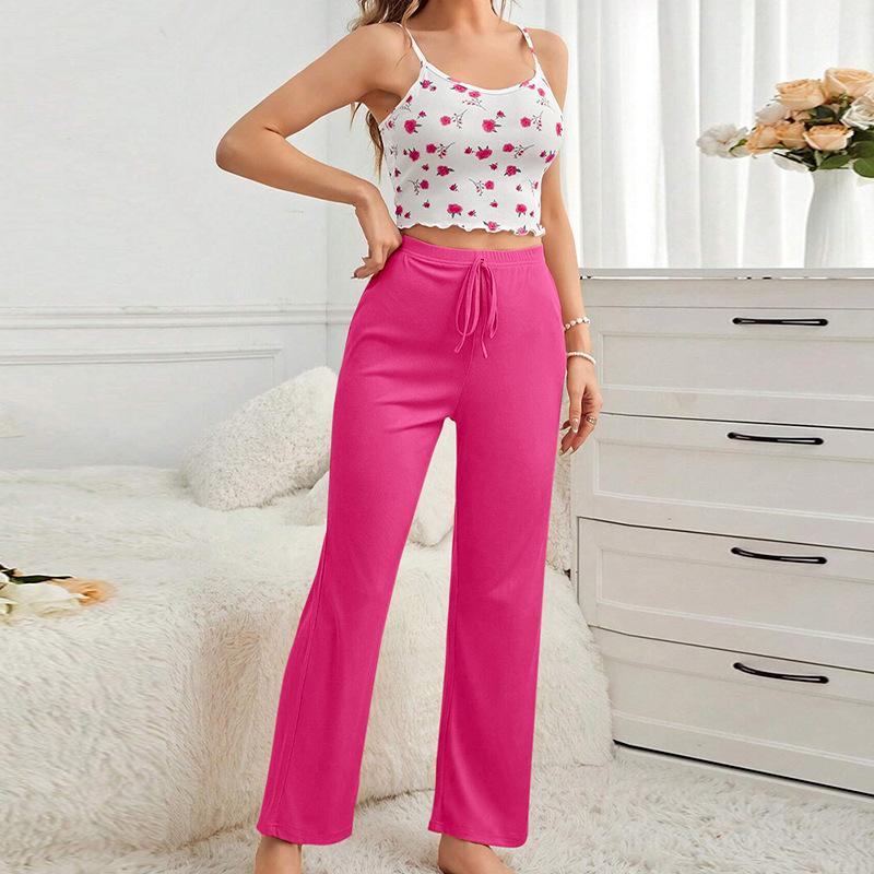 Summer Sling Pajamas Set Women Pants and Sleeveless Tops Set Round Neck Sleepwear Girls Flower Print Loungewear Homewear Pyjamas