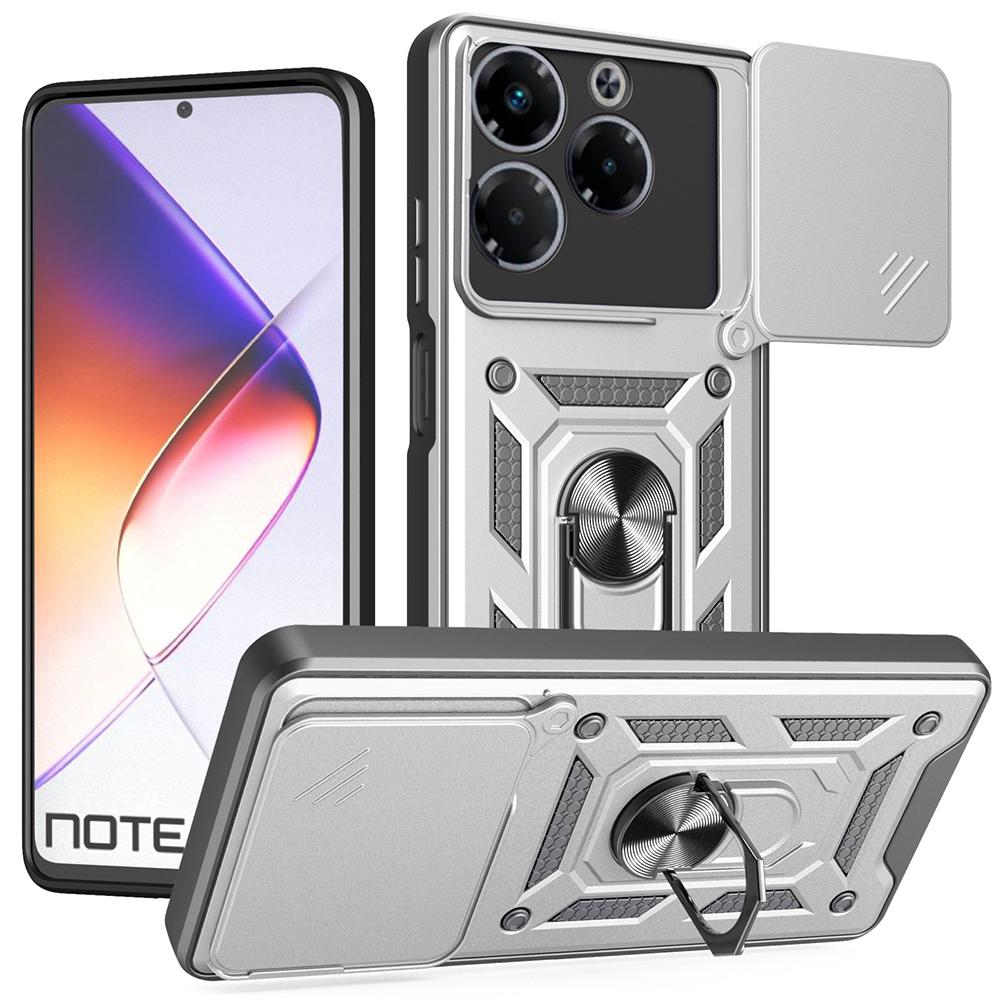 

For Infinix Note 40X 5G Case with Slide Camera Lid PC+TPU Kickstand Phone Cover Silver