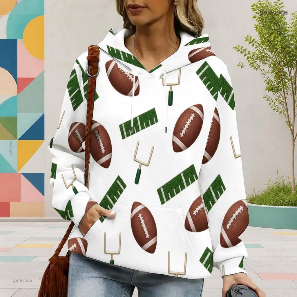 Women Plus Size White Football Star Print Long Sleeve Drawstring Hood Kangaroo Pocket Pullover Hoodie