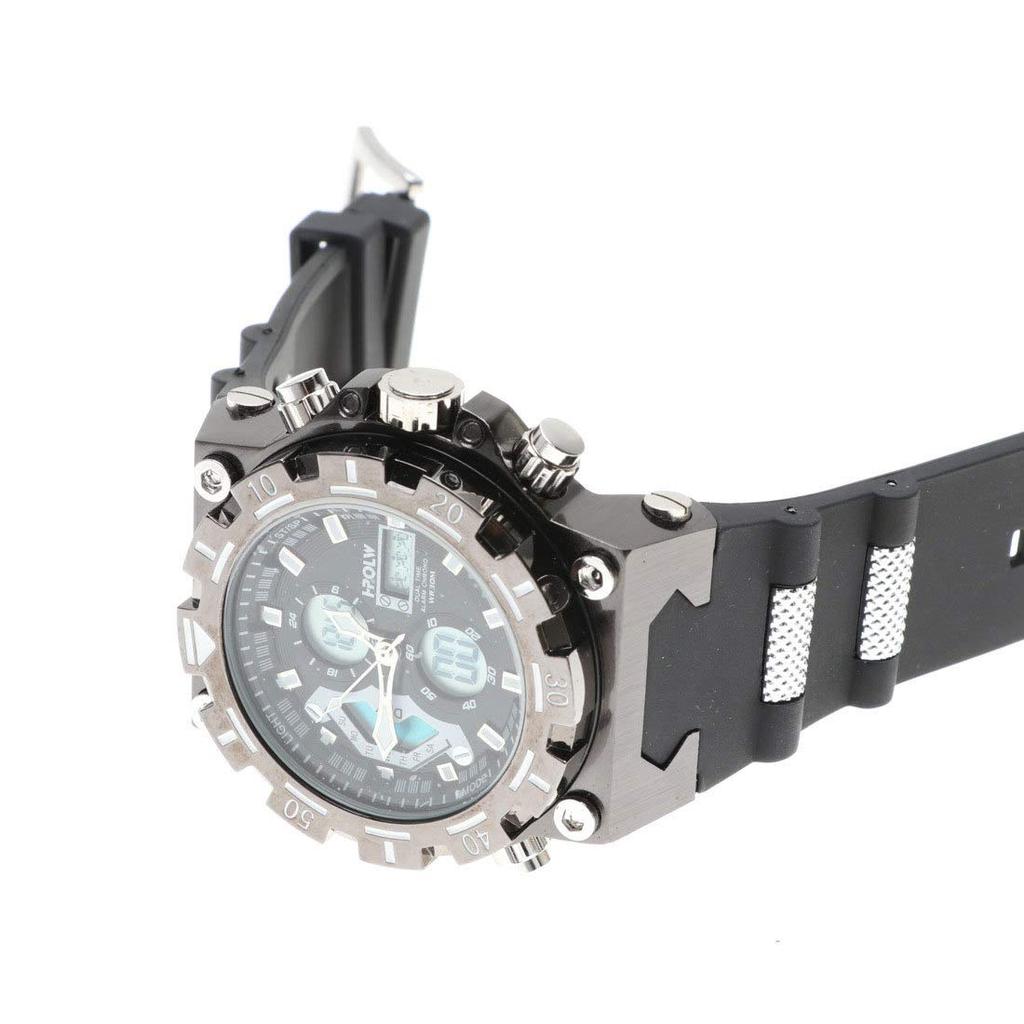 HPFS Herren Analog-Digital-Uhr, Wasserdicht, Monatsanzeige, Datumsanzeige, Wochentagsanzeige, Dreifachkalender, Wecker, Stoppuhr, Hintergrundbeleuchtung,