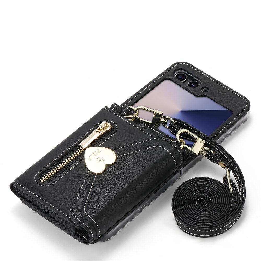 Love Heart Zipper Crossbody Wallet Leather Case For Samsung Galaxy Z Flip 6 Flip 5 4 3 Cards Holder Long Lanyard Cover