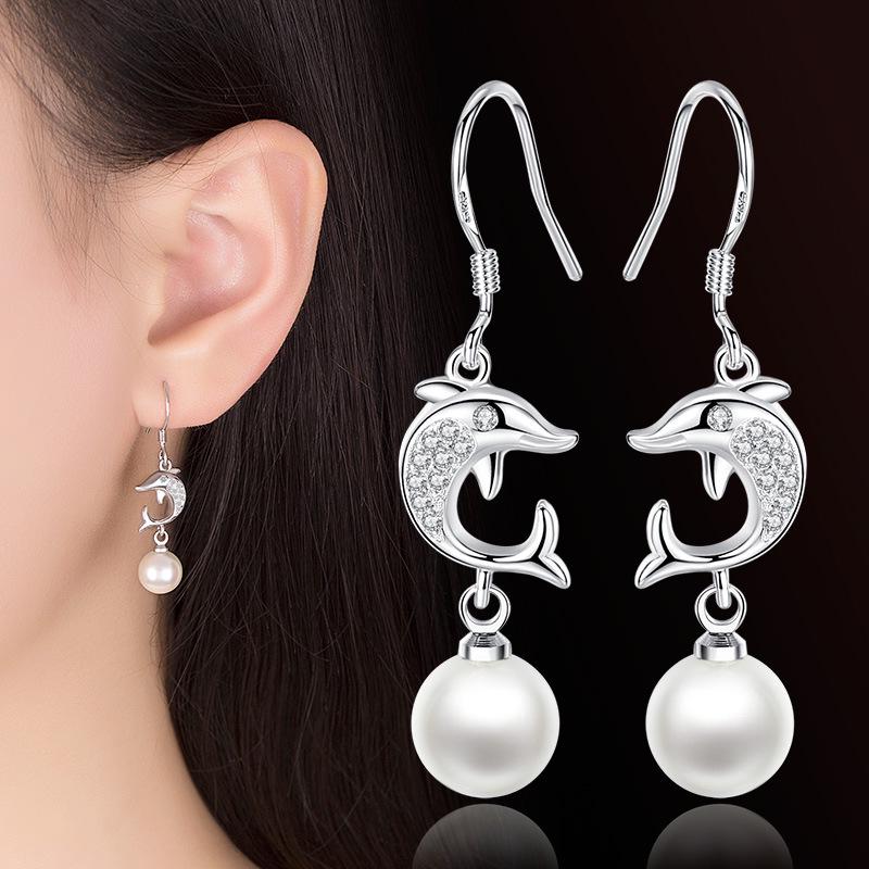 Ladies Elegant Zircon Dolphin Pearl Eardrop Earrings