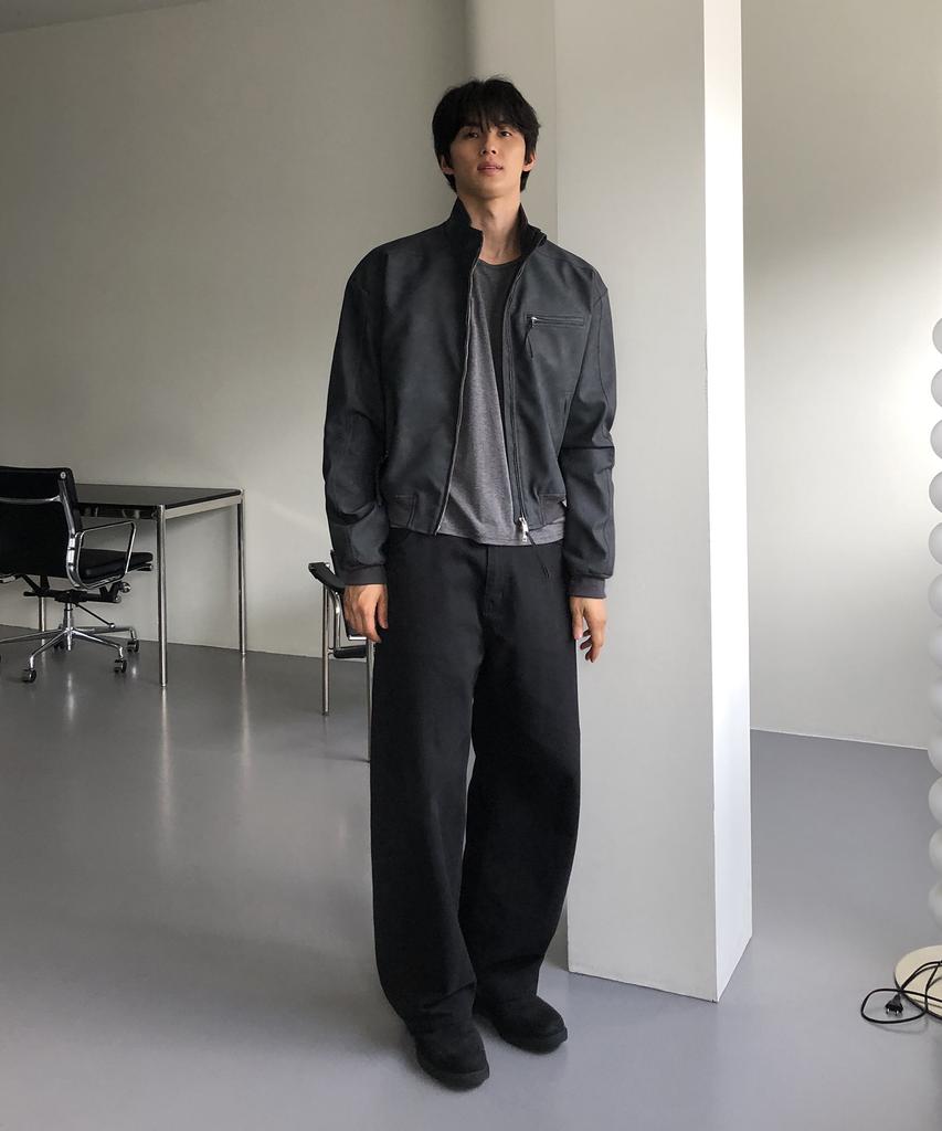 THEY Suede Leather Track Jacket_Charcoal Black