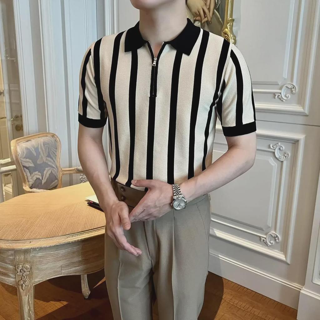 Men's Summer Striped Slim Fit Ice Silk Polo Shirt