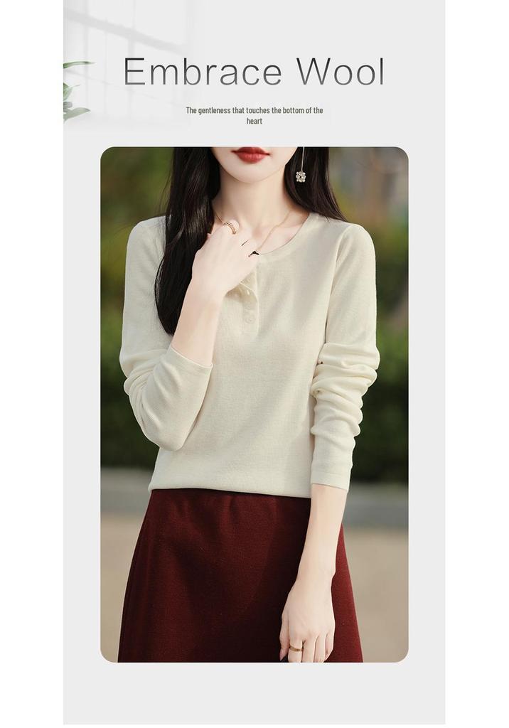 Women's Elegant Fine Wool Half-Button Round Neck Knit Sweater - Versatile, Close-Fitting Base Layer