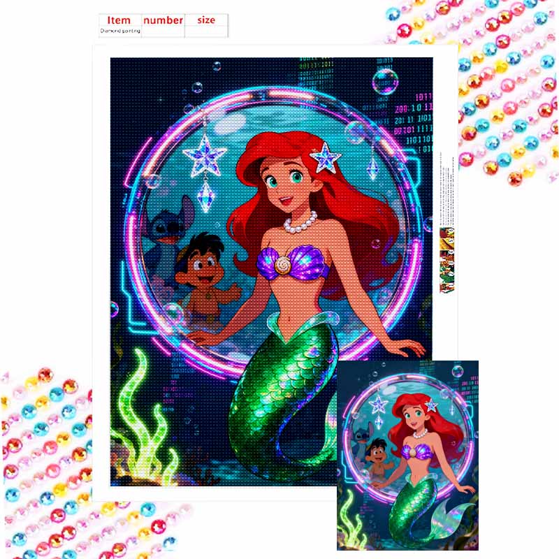 Disney Diamond Painting Kit 5D Full Round Diamond DIY Crafts Home Decoration Creative Gift Ariel Stitch Flounder Undersea Neon Sparkle Round 20x30cm