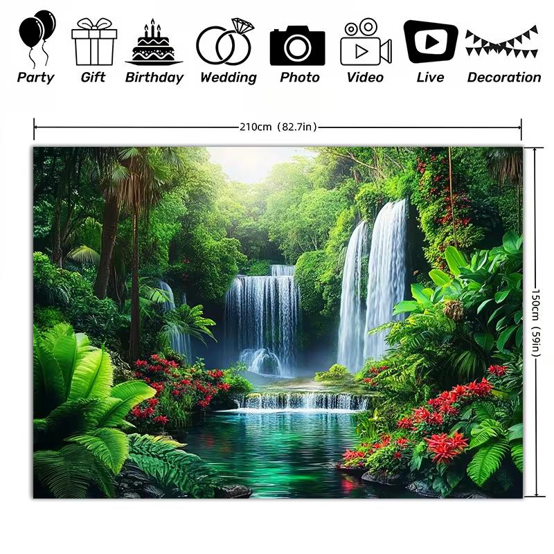 Tropical Waterfall Garden Tapestry, Green Rainforest Nature Landscape Wall Hanging Cloth for Room Home Decoration