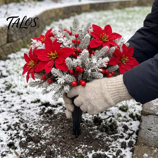 Red Poinsettia Stakes 17Pcs Christmas Stems, Artificial with Frosted Pine Branches Reusable Holiday Floral Berries, Faux Winter Picks for Outdoor Yard