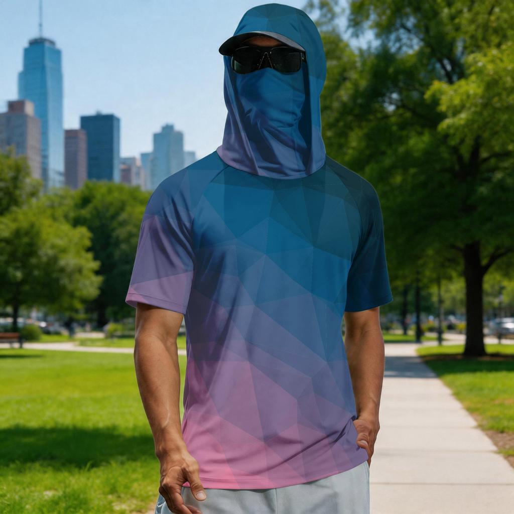 Men's Summer Camouflage Gradient Drying Short-sleeved T-shirt, Sun Clothing, Fishing, Fitness, Sports, Hooded Short-sleeved Shirt