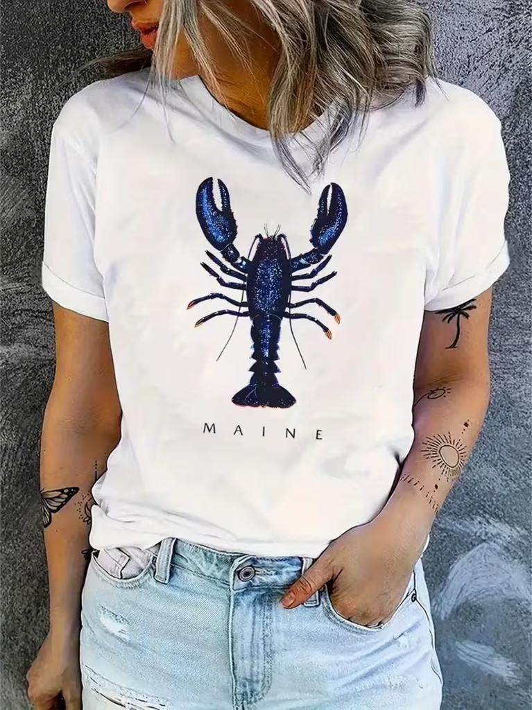 Coastal Maine Lobster Print T-shirt Nautical Beach Graphic Short Sleeve Tops Women Casual Loose Streetwear Daily Wear Tee