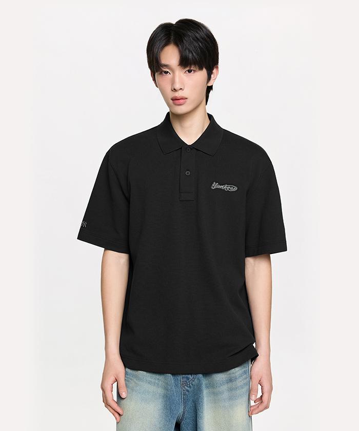 Emelbi Varsity Small Curly Oversized Collared T-Shirt Ny (Black)