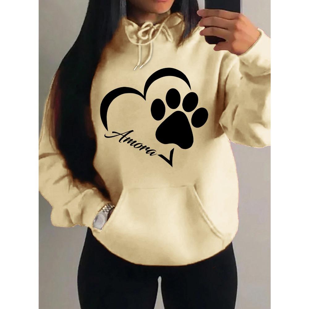Love And Little Cat Foot Creative Print Women Hoody Fashion Autumn Sweatshirt Pocket Hoodie Sport Style Comfortable