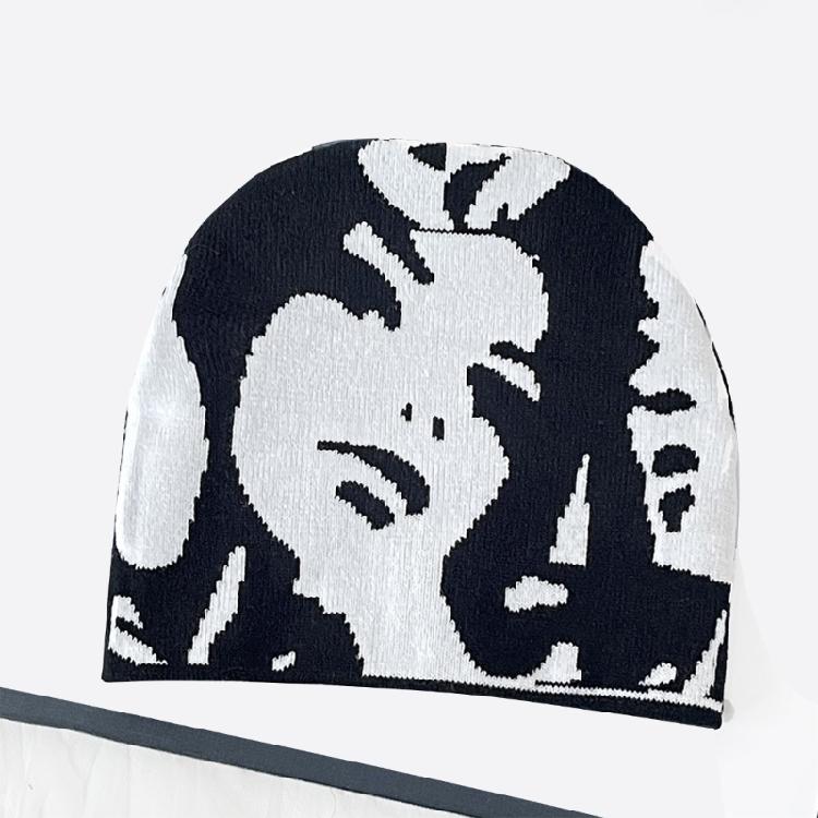 Teen Knitted Beanies Hat Elastic Ear Protector Hat Human Portrait Pattern Hat Adult Winter Cycling Skiing Beanies