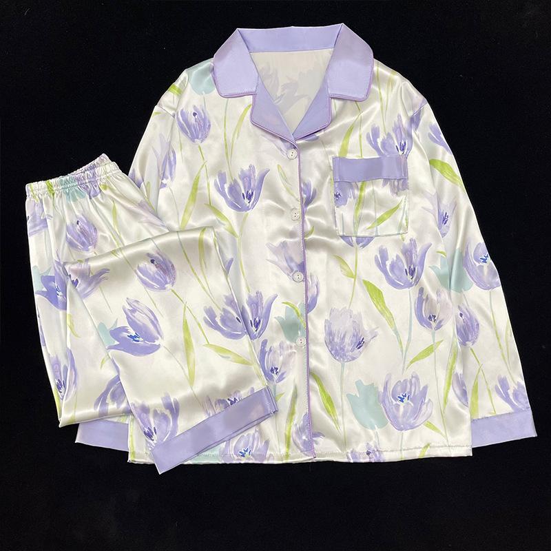 Ice Silk Pajamas Women'S Long-Sleeved Trousers Spring And Autumn Sweet Flower Tulip Thin Cool Loungewear Summer Suit